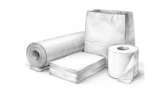 Packpapier; Schrenzpapier; Kraftpapierrolle; Kopierpapier; Hygienepapier; Thermoklebeetiketten